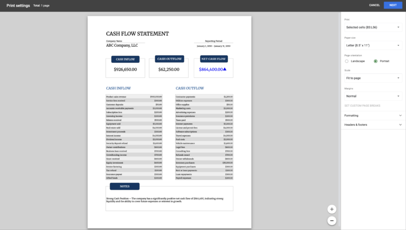 The cash flow statement in the print settings window, ready to print on one page.